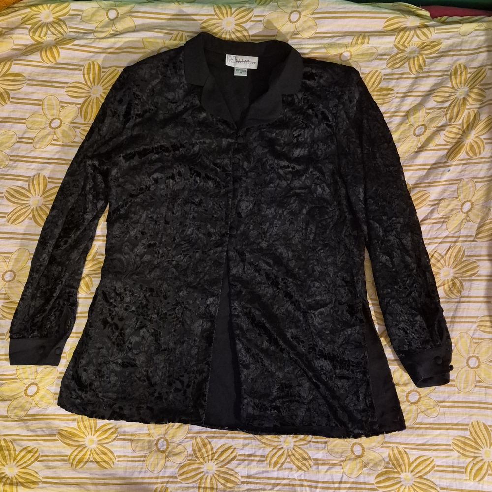 Black Velvet Burnout Button-Front Blouse - Women